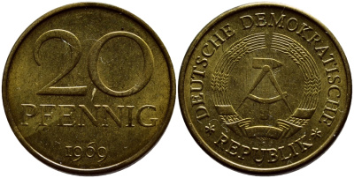 ГДР 20 пфеннигов 1969 А, первый год KM 11 латунь UNC 4398-154