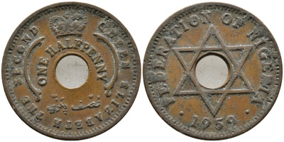 Нигерия 1/2 пенни 1959 Елизавета II (1952-), Британский протекторат KM 1 бронза 4387-553