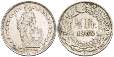 Швейцария 1/2 франка 1952 В KM 23 серебро 4532-1021