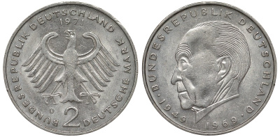 ФРГ 2 МАРКИ 1971 D, КОНРАД АДЕНАУЭР KM 124, J. 406 медно-никель плакированный никелем плакированный никелем UNC 72-435