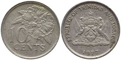 Тринидад и Тобаго 10 центов 1977 цветок гибискуса KM 31 медно-никель 4396-854