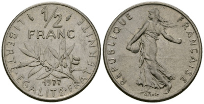 Франция 1/2 франка 1977 сеятель KM 931 никель 4135-721