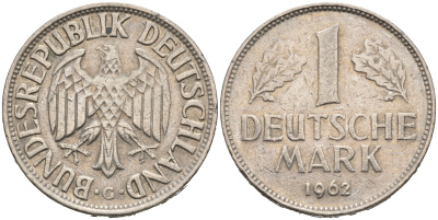 ФРГ 1 МАРКА 1962 D KM 110, J. 385 медно-никель 75-721