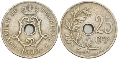 БЕЛЬГИЯ 25 САНТИМОВ 1909 BELGIQUE KM 62 медно-никель 87-1525