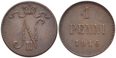 РОССИЯ ДЛЯ ФИНЛЯНДИИ 1 ПЕННИ 1916 НИКОЛАЙ II (1895-1917) KM 13, Биткин 476 медь 211-1069