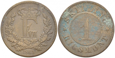 ДАНИЯ 1 СКИЛЛИНГ РИГСМОНТ 1863 с KM 763 (С 135) бронза 3309-925
