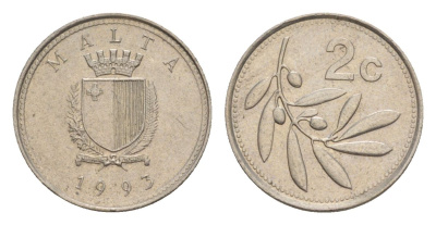 Мальта 2 цента 1993 оливковая ветвь KM 94 медно-никель 4632-855