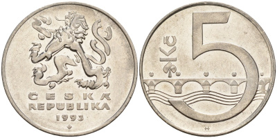 Чехия 5 крон 1993 чешский лев, Карлов мост KM 8 сталь плакированная никелем 4156-212