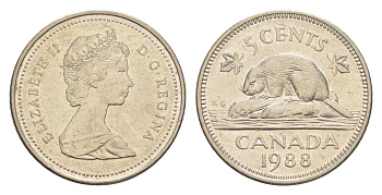 Канада 5 центов 1988 Елизавета II (1952-2022), бобр KM 60.2a медно-никель 4636-617