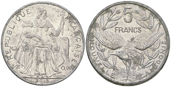 Французская Новая Каледония 5 франков 2013 птица кагу, (IEOM) KM 16, Schoen 12, Lec 81k алюминий 4111-1233