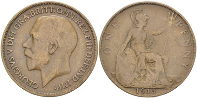 Великобритания 1 пенни 1915 Георг V (1910-1936) KM 810, Spink 4051 бронза 180-1146