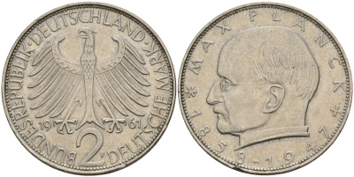 ФРГ 2 марки 1964 F, Макс Планк KM 116,  J. 392 медно-никель плакированный никелем4149-526