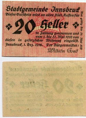 ИНСБРУК, АВСТРИЯ 20 ГЕЛЛЕРОВ 1920 НОТГЕЛЬД, 1 ДЕКАБРЯ 1918 - 31 МАЯ 1919 бумага UNC 444-138-2-2
