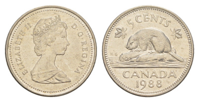 Канада 5 центов 1988 Елизавета II (1952-2022), бобр KM 60.2a медно-никель 4636-617