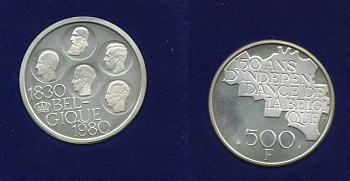 Бельгия 500 франков 1980 150 лет независимости, Belgique, Бодуэн I (1951-1993) KM 161 медно-никель покрытый серебром UNC 6-5-1-16