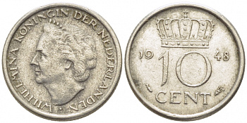 Нидерланды 10 центов 1948 Вильгельмина (1895-1948) KM 177 никель 112-255