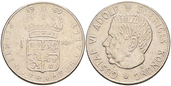 Швеция 1 крона 1969 Густав VI Адольф (1950-1973) KM 826а медь плакированная медно-никелем 4575-1057