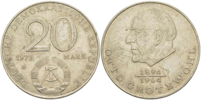 ГДР 20 марок 1973 А, Отто Гротеволь (1894-1964) KM 47 медно-никель 4521-532