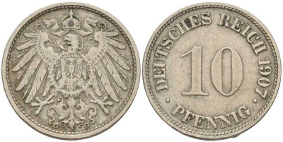 Германия 10 пфеннигов 1907 G KM 12, J. 13 медно-никель 31-135