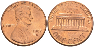США 1 ЦЕНТ 1982 D, ЛИНКОЛЬН KM 201 медь цинк UNC 187-729