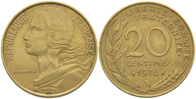 ФРАНЦИЯ 20 САНТИМОВ 1976 ТИП MARIANNE KM 930, LE FRANC 156.16 алюминиевая бронза 175-842