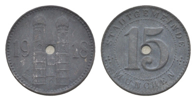 Мюнхен 15 пфеннигов 1918 Funck 348.1A, Men18 22407.1 цинк 3955-424