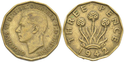 Великобритания 3 пенса 1942 Георг VI (1936-1952) KM 849, Spink 4112 никель латунь 175-615