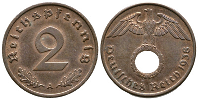 Германия 2 рейхспфеннига 1938 A KM 90, J. 362 бронза 176-923