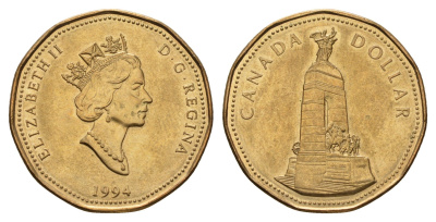 Канада 1 доллар 1994 Национальный мемориал KM 248 никель плакированный бронзой aUNC 110-1252
