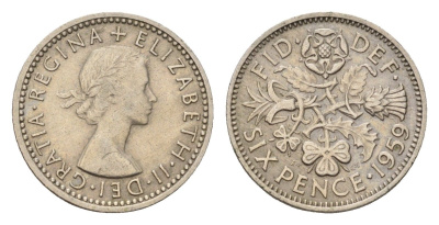 Великобритания 6 пенсов 1959 Елизавета II (1952-2022) KM 903, Spink 4149 медно-никель 100-555
