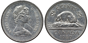 Канада 5 центов 1980 бобр, Елизавета II (1952-) KM 60.2 никель 4128-553