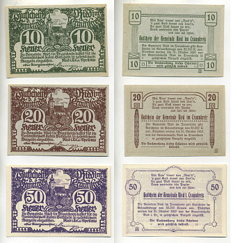АВСТРИЯ НАБОР ИЗ 3 БАНКНОТ 1920 1 АПРЕЛЯ 1920-31 ОКТЯБРЯ 1920, НОТГЕЛЬД, 10, 20, 50 ГЕЛЛЕРОВ, RIED im GDAUNKREIS бумага aUNC 7203-46-2