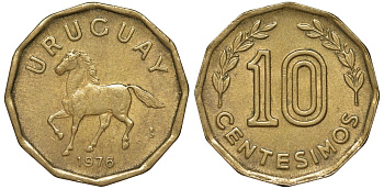 Уругвай 10 сентесимо 1976 KM 66 алюминиевая бронза 4164-739