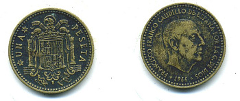 Испания 1 песета 1966 (74) Франсиско Франко (1939-1975) KM 796 алюминиевая бронза 54-323