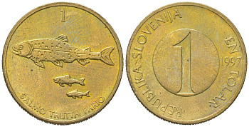 Словения 1 толар 1997 рыбы KM 4 латунь 206-326