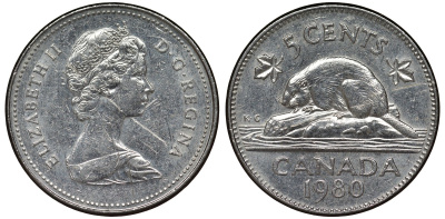 Канада 5 центов 1980 бобр, Елизавета II (1952-) KM 60.2 никель 4128-553
