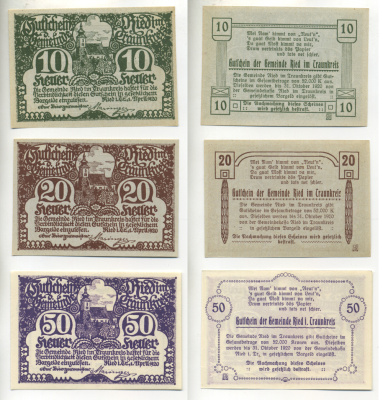 АВСТРИЯ НАБОР ИЗ 3 БАНКНОТ 1920 1 АПРЕЛЯ 1920-31 ОКТЯБРЯ 1920, НОТГЕЛЬД, 10, 20, 50 ГЕЛЛЕРОВ, RIED im GDAUNKREIS бумага aUNC 7203-46-2