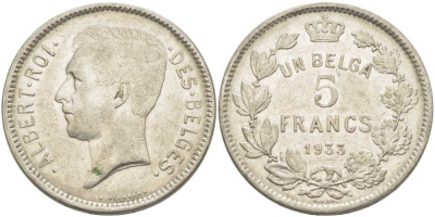 БЕЛЬГИЯ 5 ФРАНКОВ 1933 АЛЬБЕРТ I, DES BELGES KM 97.1 никель 3851-246