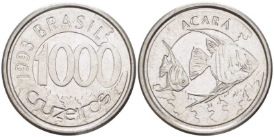 Бразилия 1000 крузейро 1993 реформа 1990-1993, рыбка Акара KM 626 нержавеющая сталь 26-1064