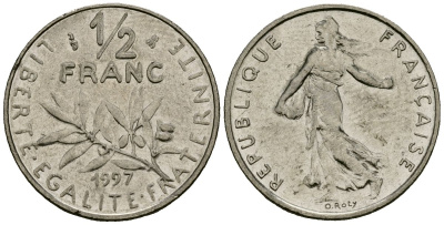 Франция 1/2 франка 1997 сеятель KM 931 никель 4135-743