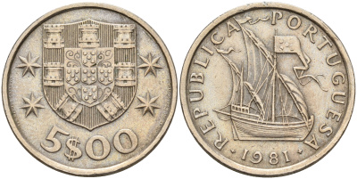 Португалия 5 эскудо 1981 парусник KM 591 медно-никель    4161-813