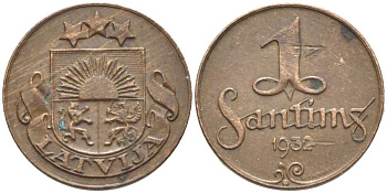 Латвия 1 сантим 1932 первая Республика (1918-1939) KM 1 бронза 112-538