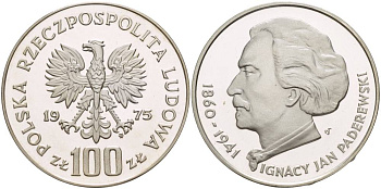 Польша 100 злотых 1975 MW, Игнаций Ян Падеревский (1860-1941) KM 77, Parchimowicz 273 серебро PROOF 1087-7-53