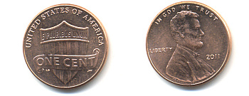 США 1 ЦЕНТ 2011 ЛИНКОЛЬН, ЩИТ KM 469 цинк плакированный медью 86-357