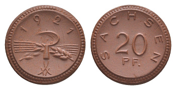 Саксония 20 пфеннигов 1921 Men05 22281.4, Men18 27868.4, Scheuch 31a фарфор 1094-10-52