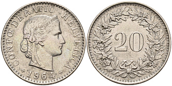 Швейцария 20 раппенов 1964 B KM 29a медно-никель    4161-652