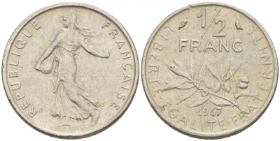 ФРАНЦИЯ 1/2 ФРАНКА 1967 KM 931.1 никель 3309-1112