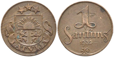 Латвия 1 сантим 1932 первая Республика (1918-1939) KM 1 бронза 112-538