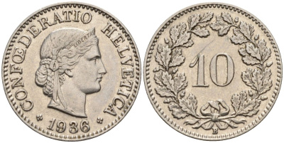 Швейцария 10 раппенов 1986 KM 27 медно-никель 4152-563