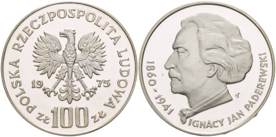 Польша 100 злотых 1975 MW, Игнаций Ян Падеревский (1860-1941) KM 77, Parchimowicz 273 серебро PROOF 1087-7-53